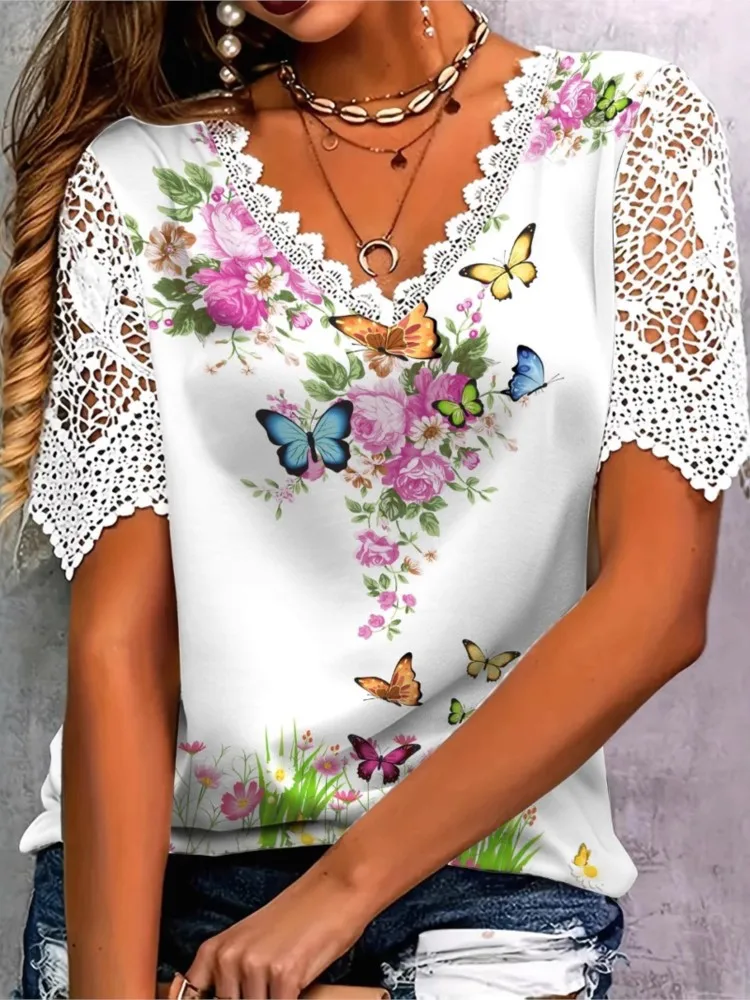Floral Print Lace T Shirt For Women Fashion Short Sleeve V Neck Hook Flower Hollow Tee Shirt Femme Casual Boho Holiday Clothes