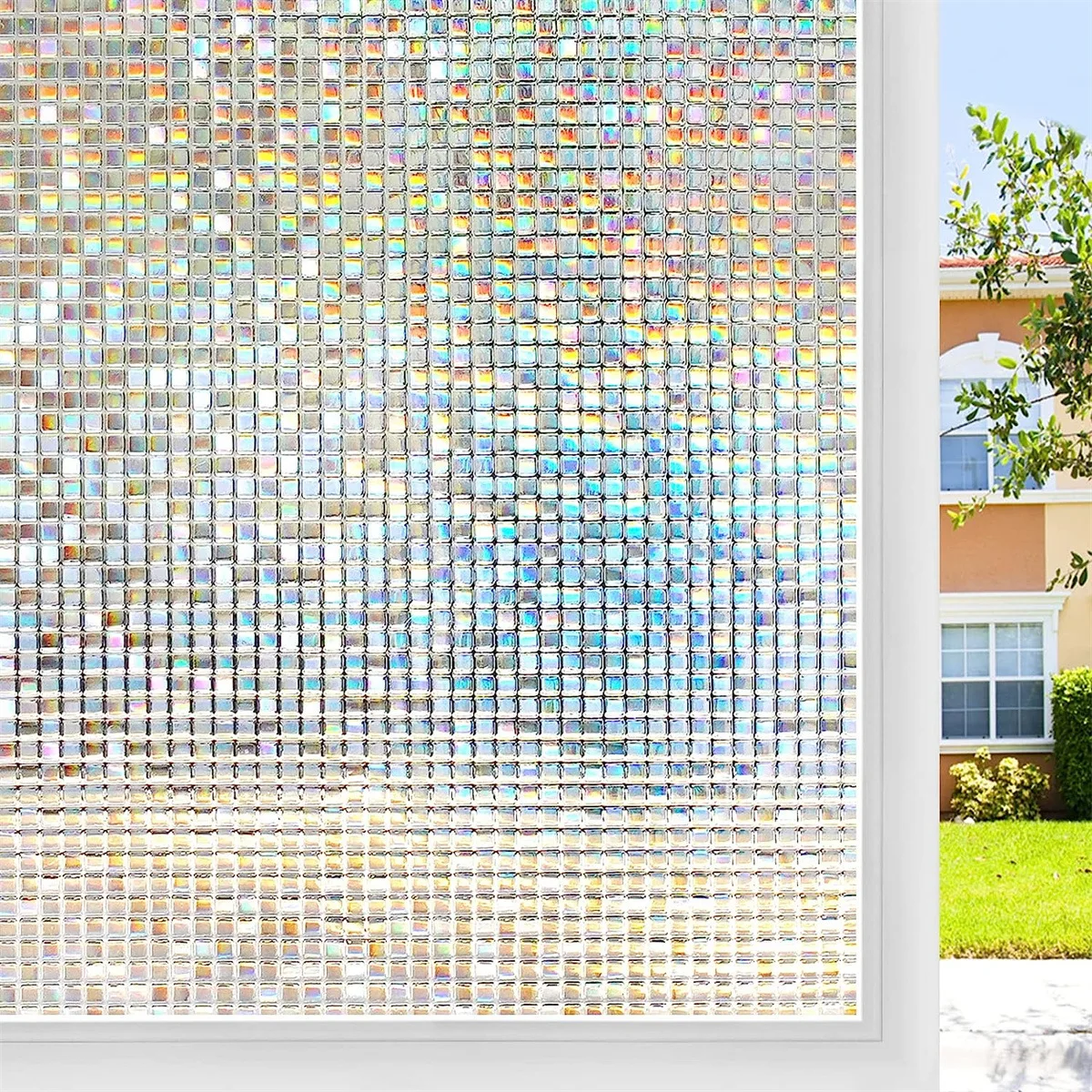 1 Sheet Iridescent Mosaic Pattern Privacy Window Film Static Cling No Glue Removable for Bathroom Kitchen Bedroom Glass