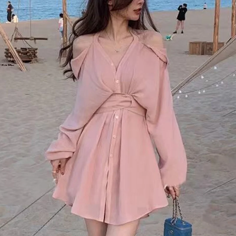 Original Design Shirt Dress Set Women New Sexy Strapless Halter Korean Solid V-neck Loose Casual Single Breasted Girdling Dress