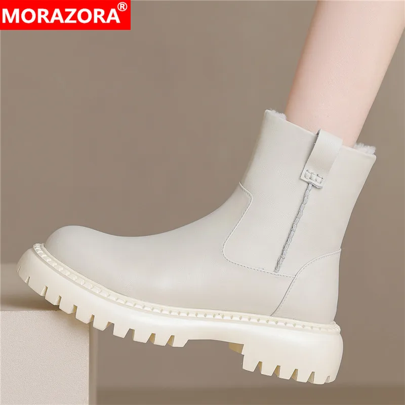 

MORAZORA Genuine Leather Boots Women Shoes Zipper Nature Wool Platform Ankle Boots Fashion Ladies Winter Boots Footwear