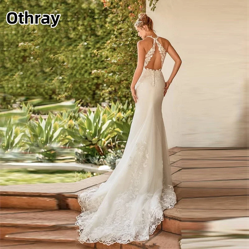 Othray Luxus-Brautkleid mit V-Ausschnitt, ärmellos, Boho-Meerjungfrau, ärmellos, für Damen, Spitzenapplikationen, offener Rücken, bodenlanges Brautkleid