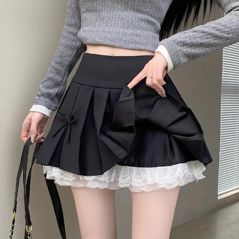 Sweet High Waist A-line Pleated Skirt Women Bow Lace Fashion Casual Preppy Skirt