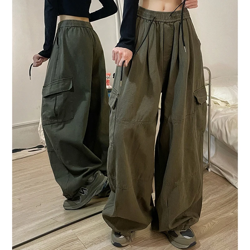 Cargo Pants Women Baggy Trousers Loose Wide Leg Multi-Pocket Drawstring Hip Hop Streetwear Casual Joggers Y2K Pants