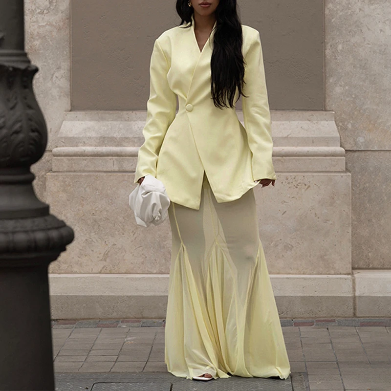 

Элегантный костюм OMSJ: блейзер и сетчатая юбка, женский комплект с пуговицами, прозрачные брюки, модный костюм-двойка, весна 2026, офисный стиль