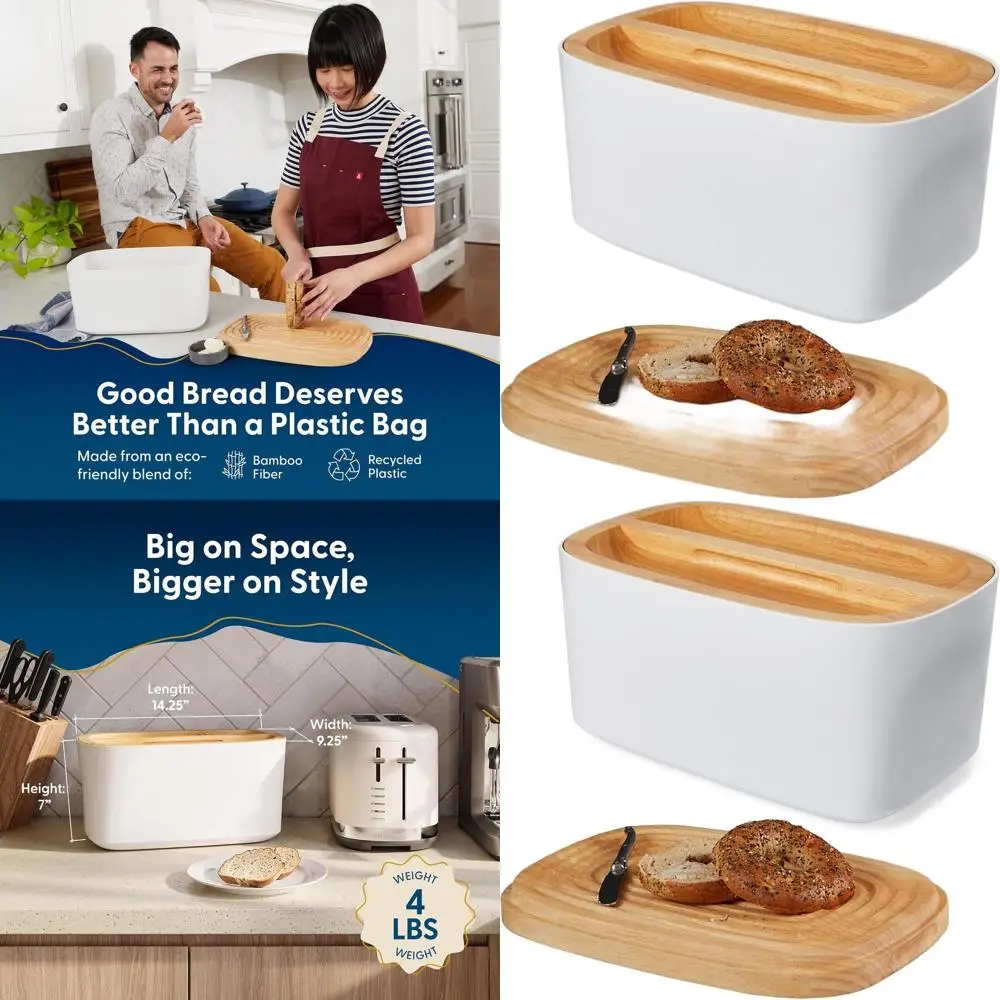 

Large White Bread Box with Cutting Board - Holds Full Sourdough Loaves, 14.25x9.25x7 inches