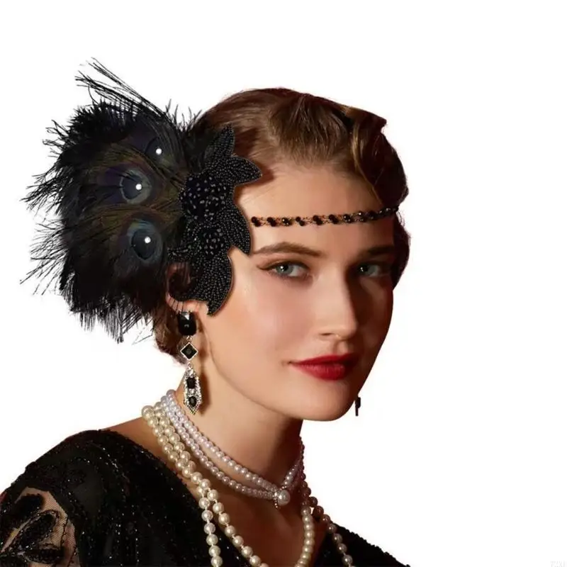 72XE Feathered Headpiece with Beaded Tassels Flapper Feathered Headband Headdress