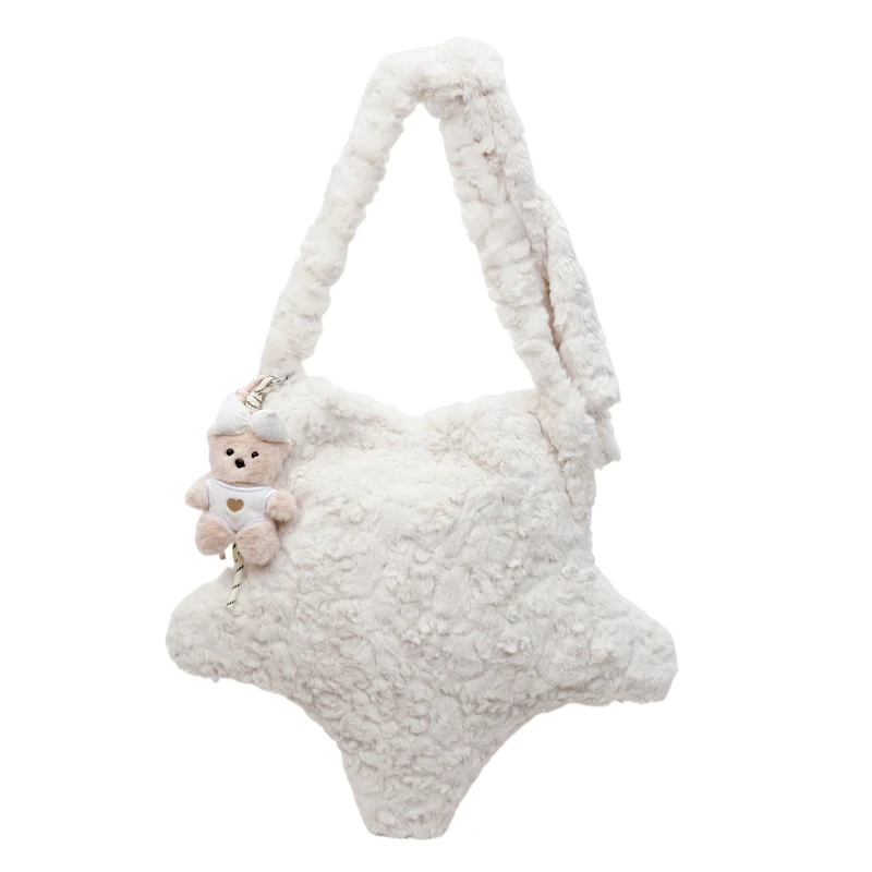Cute Star‑shaped Plush Shoulder Bag Soft Fluffy Faux Fur Underarm Handbag with Small Bear Pendant Casual Daily Shopping Purse
