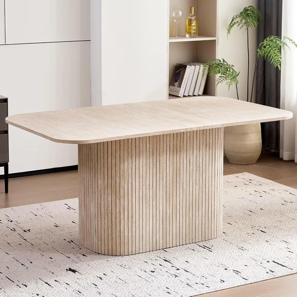 

63" Large Dining Table for 4-6 People, Farmhouse Rectangular Modern Kitchen Dinner Table with Rounded Corners & Wood Strip Pedes
