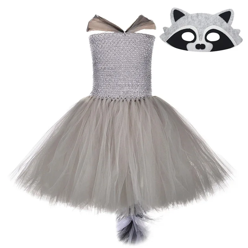 

Gray Raccoon Tutu Dress for Girls Animal Halloween Costumes Kids Birthday Party Outfit Children Racoon Clothes with Long Tail