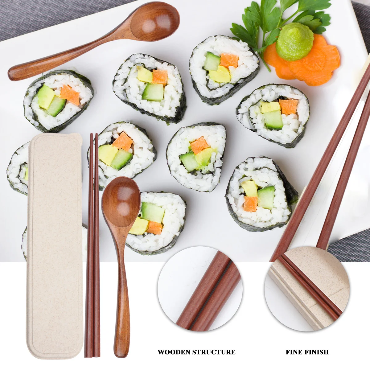 

3Pcs Wooden Spoon Chopsticks Set Eco-Friendly Safe Premium Polished Flatware for Daily Eating Travel Picnic Coffee