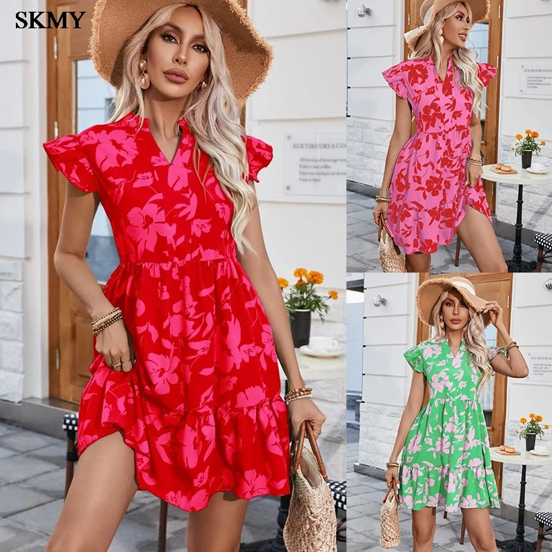 SKMY Women's 2024 Spring/Summer New Lotus Leaf Sleeve V-neck Loose Waist Printed Dress Vestido Curto Jurken Met Korte Mouwen