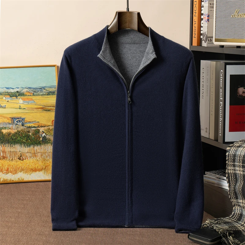

100% Pure Cashmere Sweater for Men, Thickened Double-Sided Reversible Cardigan, Knitted Base Layer, Casual Loose Sweater