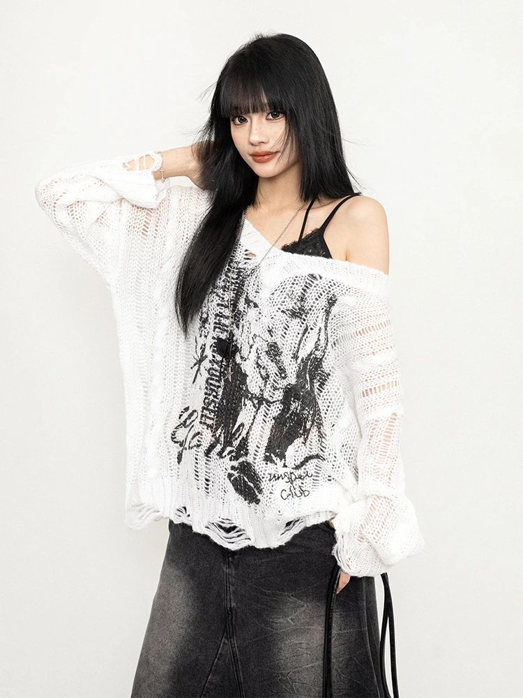 

OCTTFLAB American Retro Hole Hollow Sweater Cover up Lightweight Subculture Women's Long Sve T-irt Knittedwear