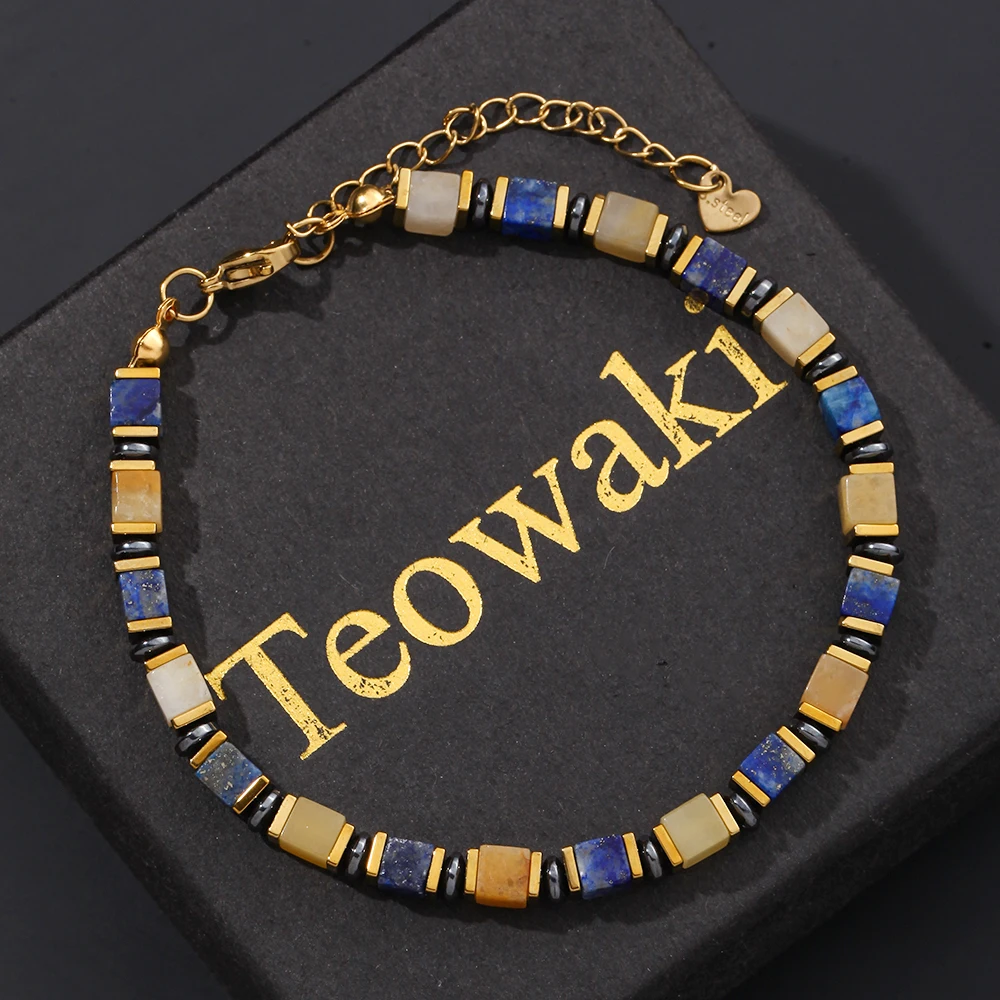 TeoWaki 4mm Natural Square Lapis Lazuli &Yellow Jade Bracelet for Women Men Birthday Party Christmas Perfect Choice Festive Gift