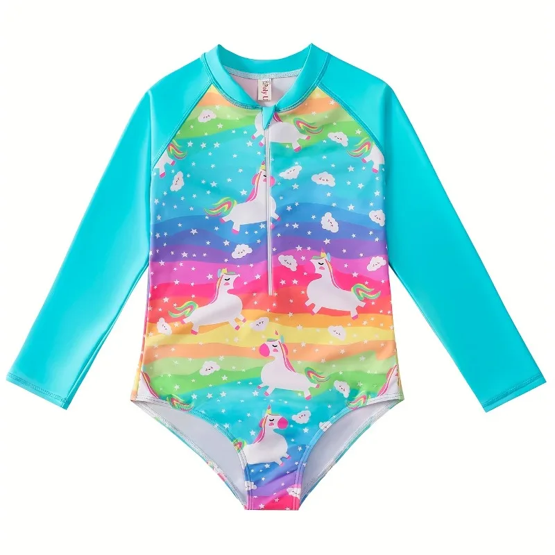 

Rainbow Color Swimwear Kids Girl Long Sleeve Swimsuit Bikini Cut Bottom Cheerful Colorful Prints Whimsical Animal Horse Pattern