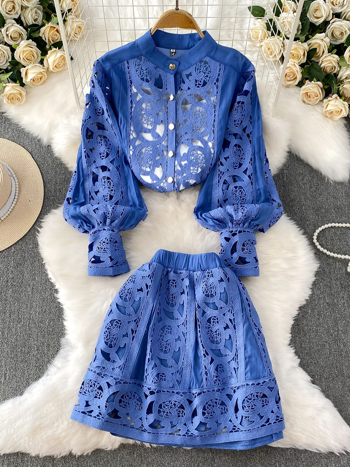 

Pink Lace Hollow out Lantern Sve irt + Base Csole + High Waist Slimming ort Skirt Tee Piece Set Gentle Breeze