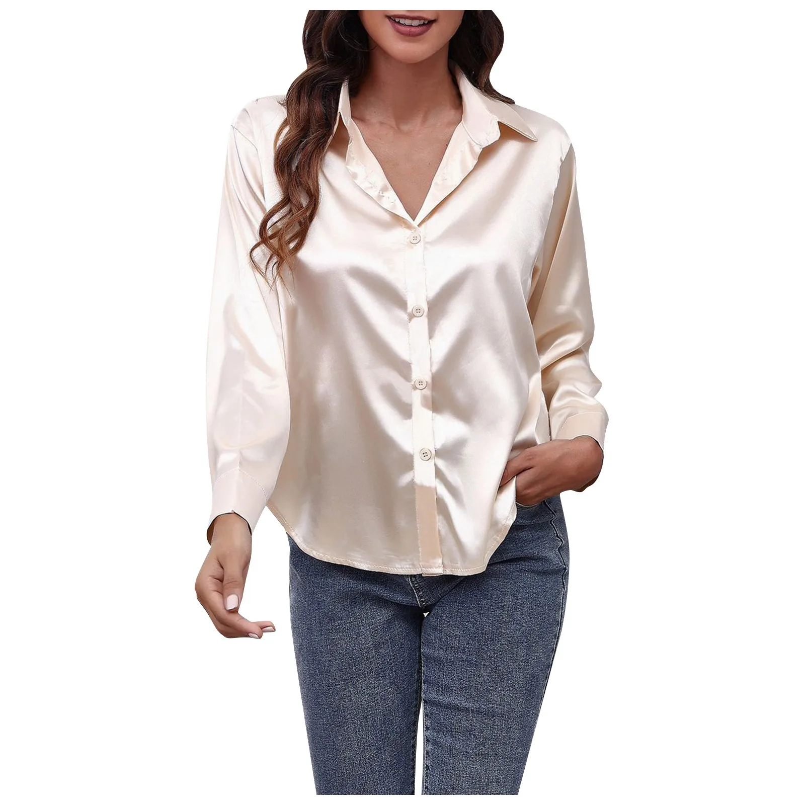 Fashion Solid Color Long Sleeved V-Neck Satin Imitation Silk Shirts For Women High Street Breathless Daily Chemise Femme Chic