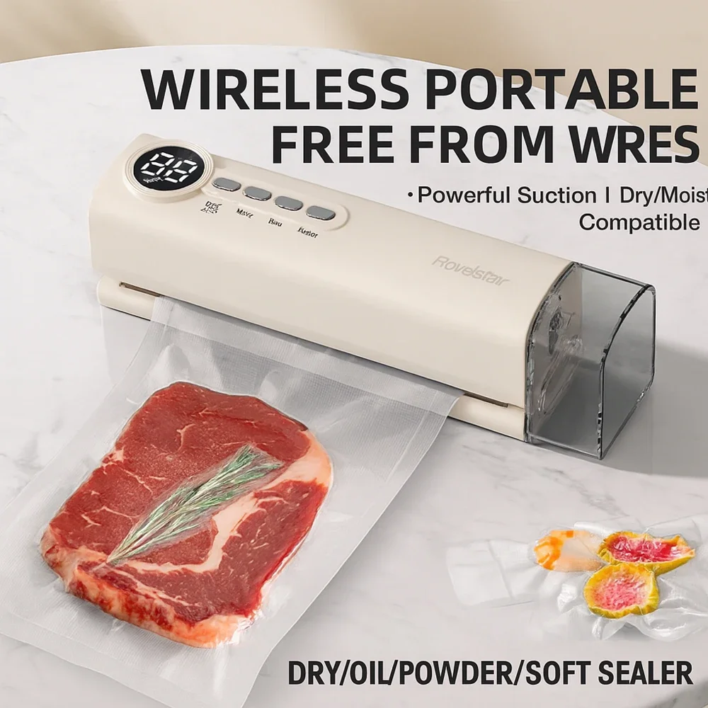 Household  Portable Wireless Vacuum Sealer Machine for Food Storage/USB Rechargeable/62Kpa Strong Suction/Drying/Moist Mode
