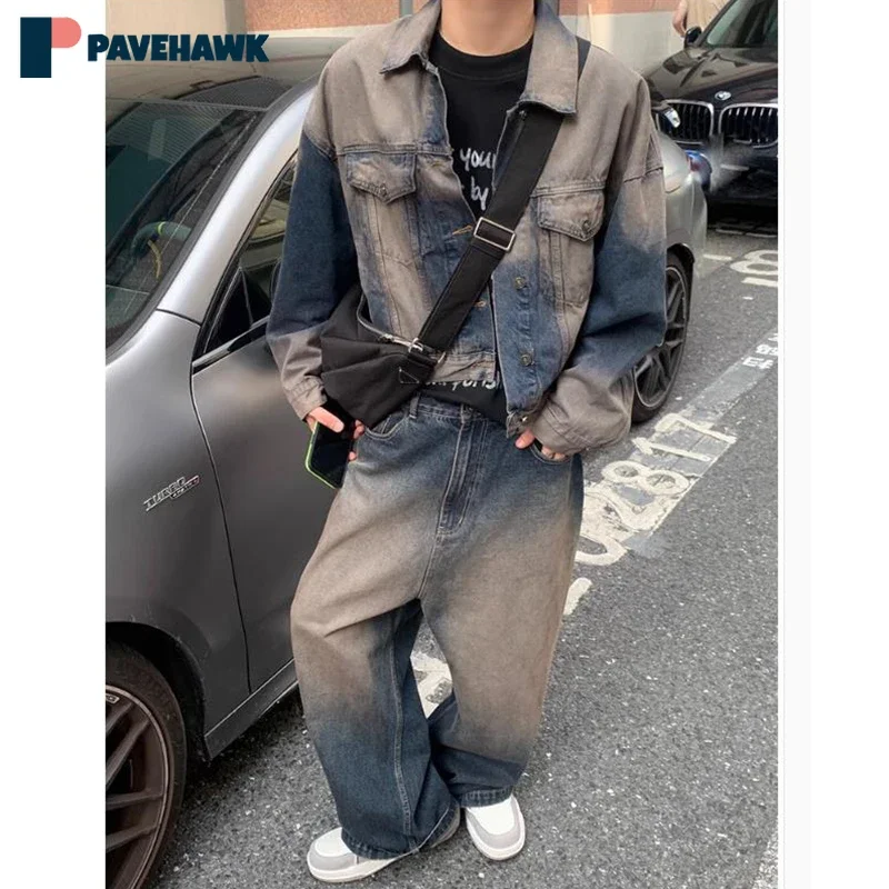 

High Street Retro Denim Set Man Woman Wash Distress Cowboy Jackets+casual Baggy Wide Leg Jeans Sets Autumn Retro Two Piece Suits