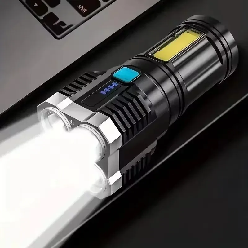 Four light high-intensity flashlight, long-range rechargeable COB side light flashlight, high brightness searchlight