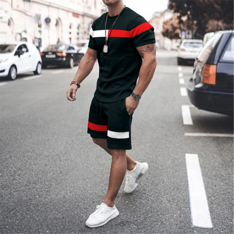 2024 Nowy letni garnitur męski Casual Fashion Printed T-Shirt + Beach Shorts Suit Męska koszulka z dekoltem 2-częściowa azjatycka odzież y2k