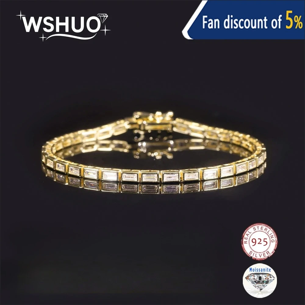

WSHUO 2mm Baguette Cut Moissanite Tennis Bracelet S925 Sterling Silver Gold Color Fade Resistant GRA Luxury Wedding PartyJewelry