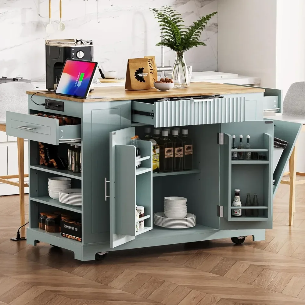 Fluted Kitchen Island On Wheels with Trash Can Storage Cabinet and Drawers, Rolling Kitchen Islands Built-in Power Outlet