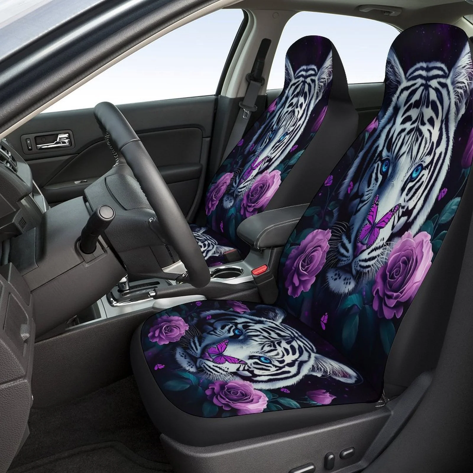 Tiger With Butterfly And Roses Themed Car Seat Cover Set For Most Cars, Fashion Novelty Car Seat Protector Covers Full Set, Car