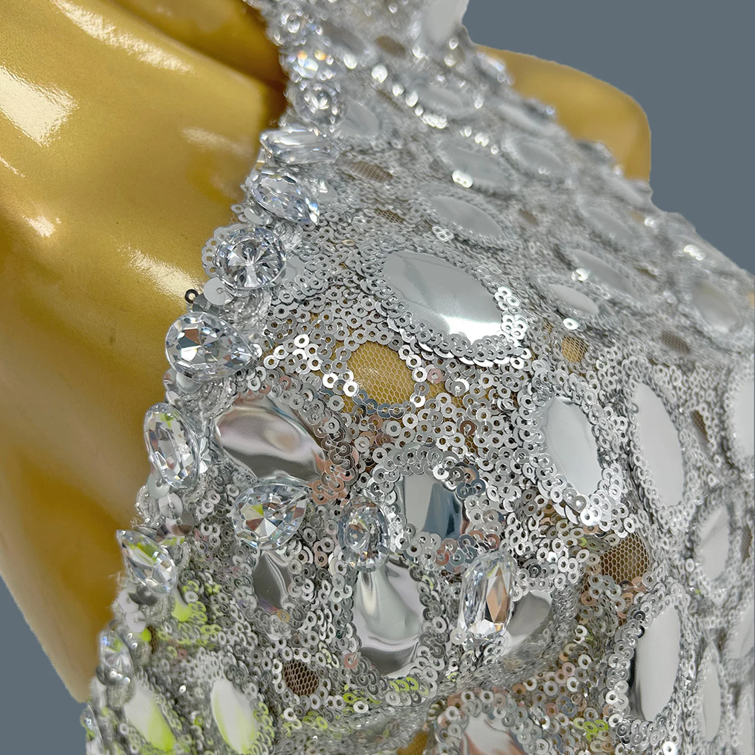 Mesh Performance Costume Bar Dancer Night Club Bodysuit Stage Wear Sparkly Green Fade Mirrors Women Sexy BodyconLeotard Yuanjing