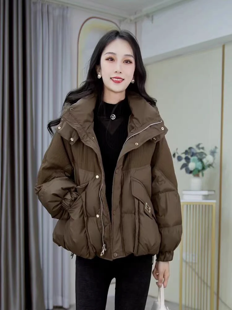 

Women's Short Cotton Jacket Winter Thickened Hooded Loose Fit Fashionable Outerwear Coat Simple Style Long Sleeve Button Closure