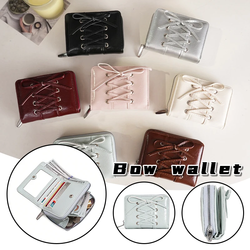 

Bow Wallet for Women Slim PU Leather Zipper Card Holder Coin Purse Short Multifunction Clutch Bag Daily Korean Style