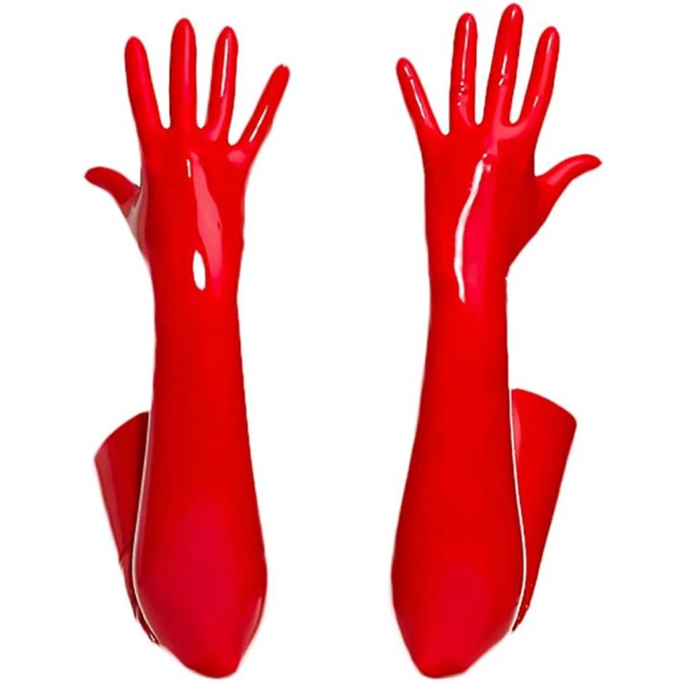 Women Wetlook PU Leather High Stockings Mittens Black Red Leather Shinny Long Gloves Disco Party Dance Clubwear Cosplay Costumes