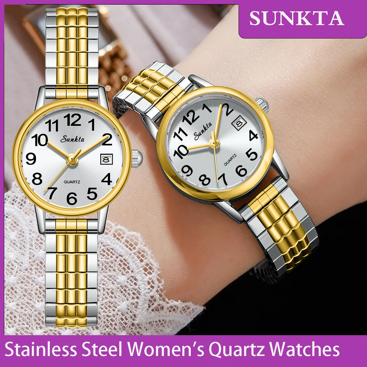 

SUNKTA Original Waterproof Quartz Watch for Women Fashion Ladies Bracelet Luxury Stainless Steel Strap Date Week Women's Watches