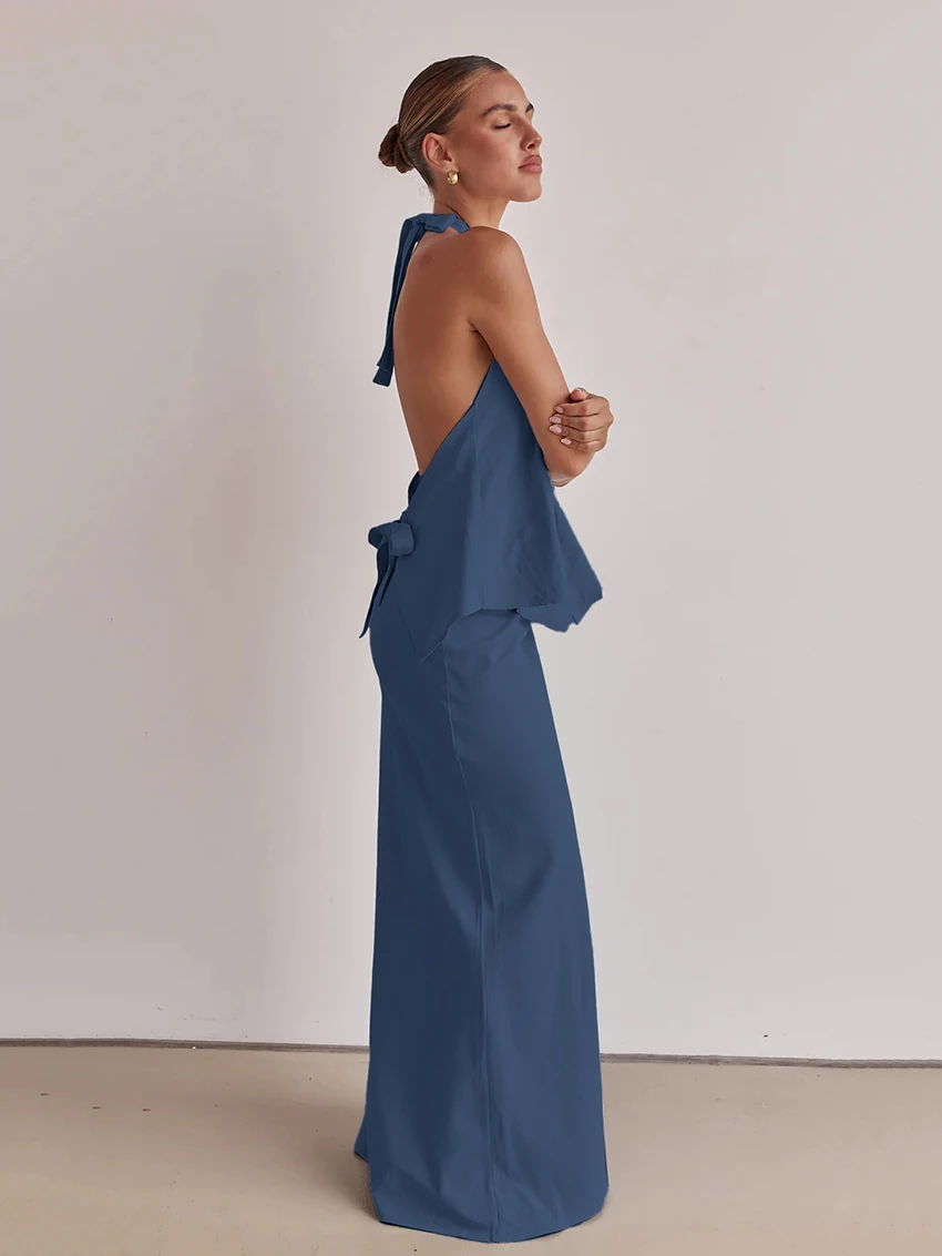 Marthaqiqi Blue Ladies Pajamas 2 Piece Suit Halter Sleepwear V-Neck Nightgowns Tank Tops Nightwear Long Skirt Casual Nightie Set