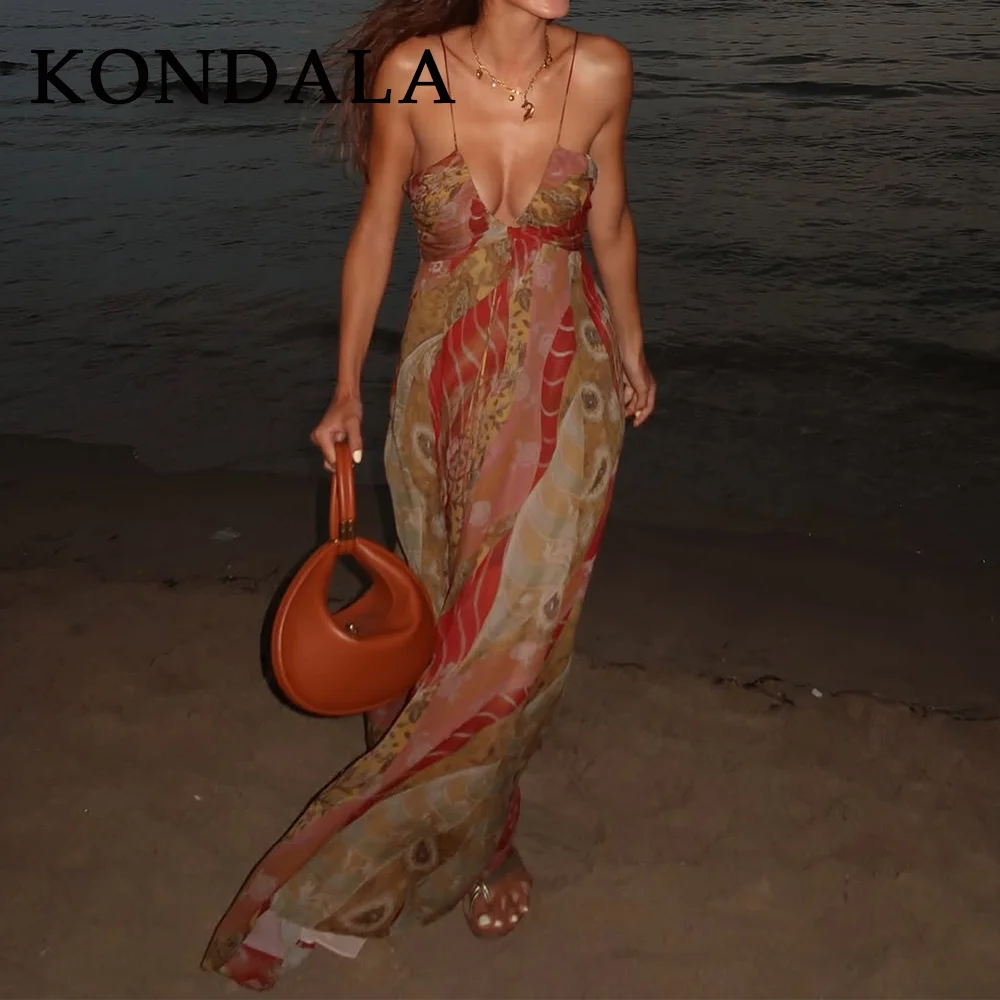 KONDALA 2025 فساتين نسائية لربيع وصيف مثيرة مطبوعة موضة مستقيمة بدون ظهر رسن بدون أكمام فساتين طويلة أنيقة للسيدات