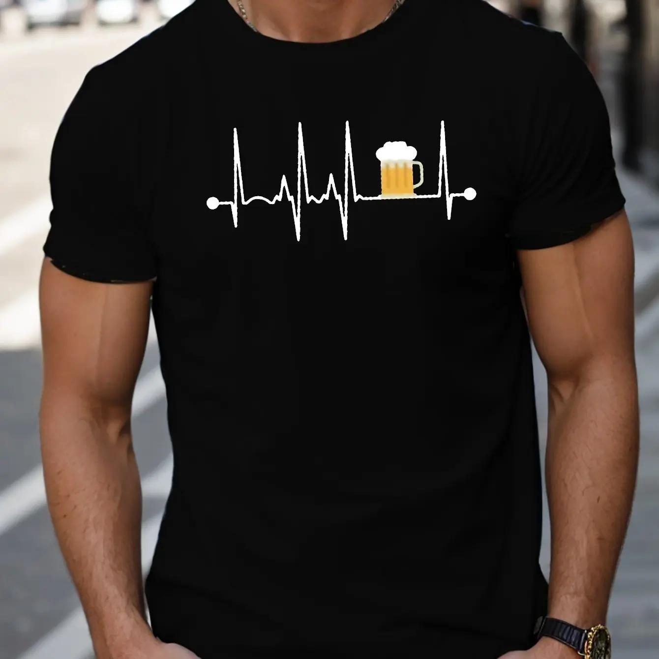 

Men's Summer Beer Street Cotton Fashion Casual Sports Loose Fashion Beer Pattern Print Round Neck Short Sleeve T-shirt Top