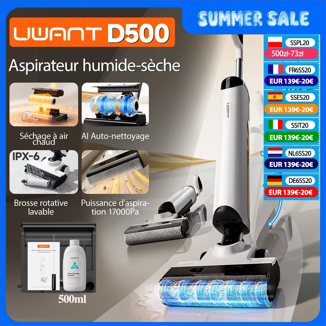 Aspirateur sec et humide UWANT D500, aspiration 17000Pa 180 ° Vadrouille plate sans fil AI autonettoyante 65 ° C Séchage du bord triple face