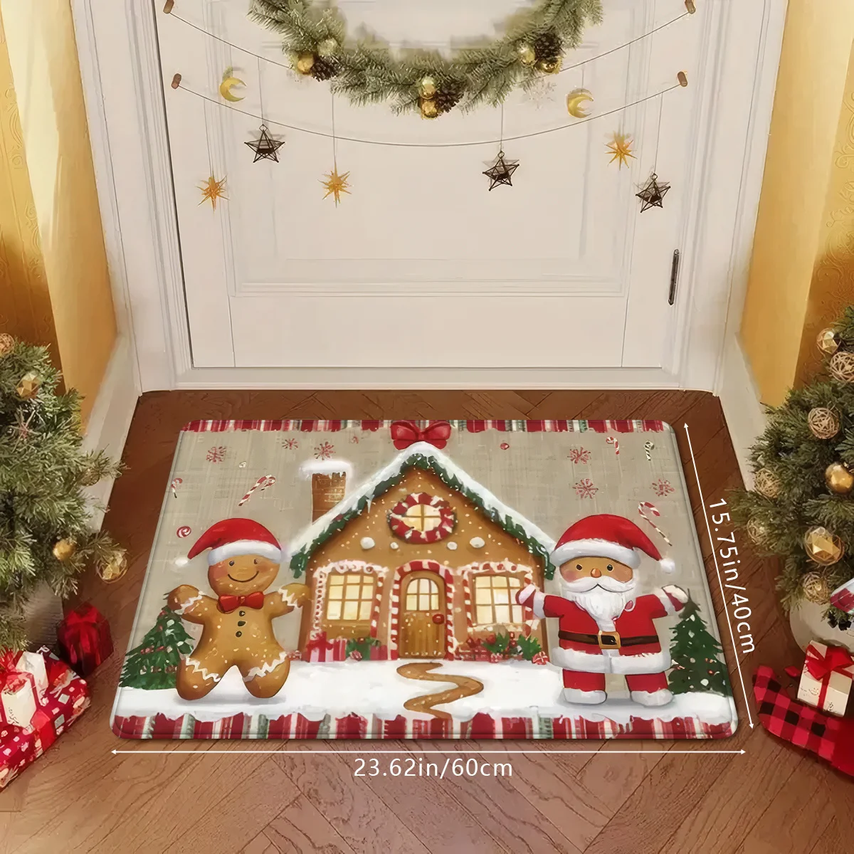 Vintage Santa Sleigh Christmas Shaped Rug Snowman Pine Tree Print Non Slip Washable Floor Mat Entryway Xmas Holiday Home Accent