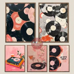 Vintage Art Record Player Records Aesthetic Decor Canvas Poster Bar Home Wall Decor Pink Decor Record Oil Painting Canvas Prints