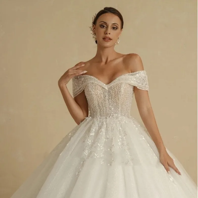 

Sequin Off-shoulder Main 2025 New Slim Fit Elegant Bride Wedding Gown Going Out Dress Women Vestido De Noiva Floor Length Gowns