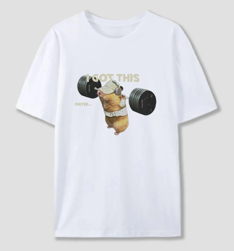 Korean Style Funny Gym Hamster Weightlifting Graphic Top Unisex Cute Workout Meme Casual Streetwear Versatile Short-sleeved