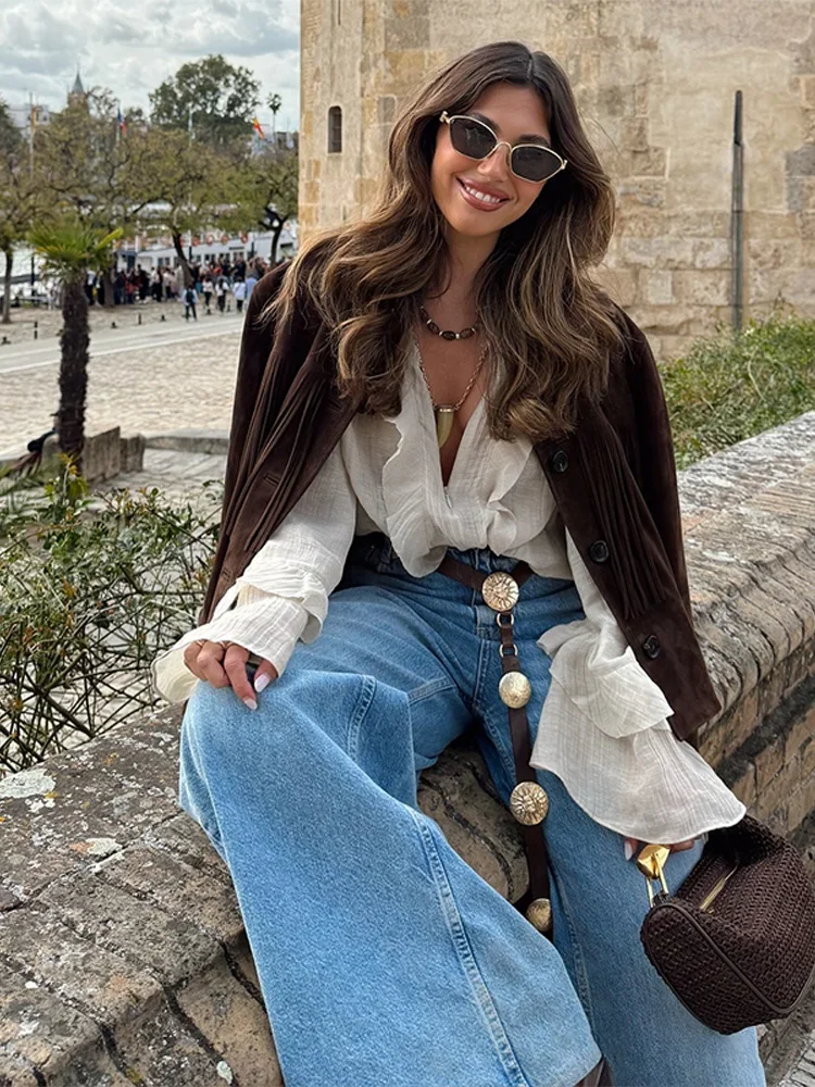 Plissado borboleta manga alargamento camisas femininas elegante chiffon profundo decote em v blusa em cascata feminina primavera moda senhora outwears