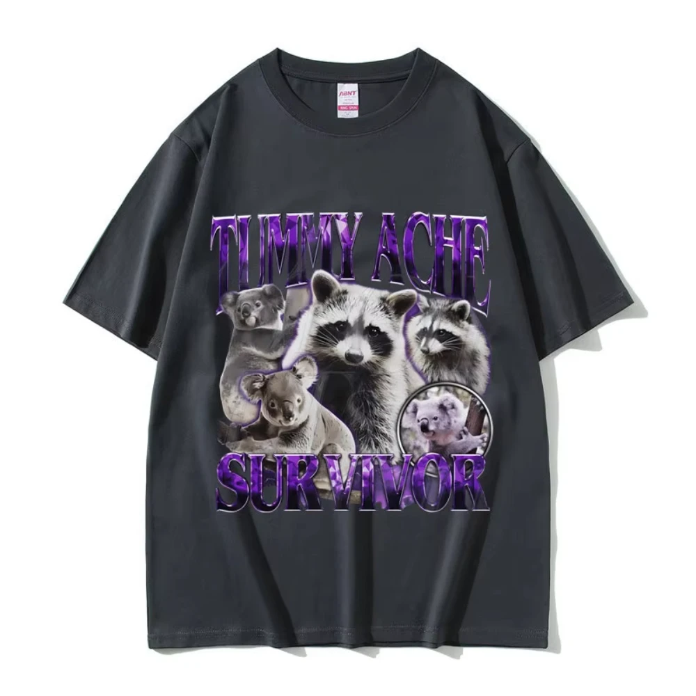 Tummy Ache Survivor Vintage Raccoon Funny Meme T-shirts Men's Women Casual Cotton Oversized Streetwear Male Vintage Short Sleeve