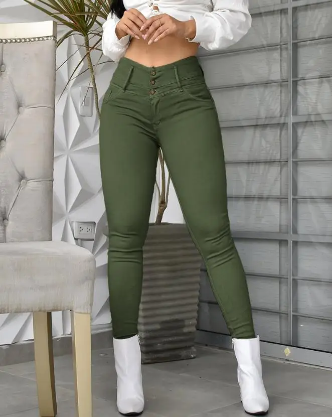 Women\'s Pants 2023 Summer Fashion High Waist Button Pocket Design Casual Plain Skinny Daily Long Pants Y2K Streetwear
