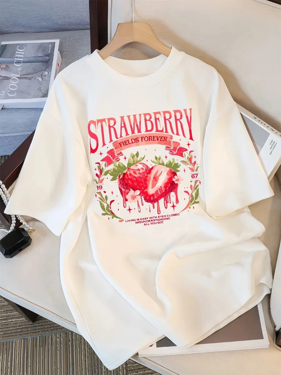 Strawberry Fields Forever Print T Shirts Women Breathable  T-Shirt Hip Hop Loose Streetwear All-Match Casual Clothing