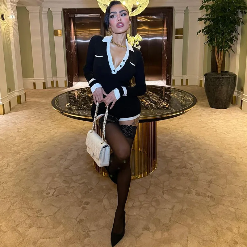 

Новые женские офисные комбинезоны с длинным рукавом, в рубчик, облегающие, классические, в стиле хипстер, с контрастными цветами, с отложным воротником, на одной пуговице