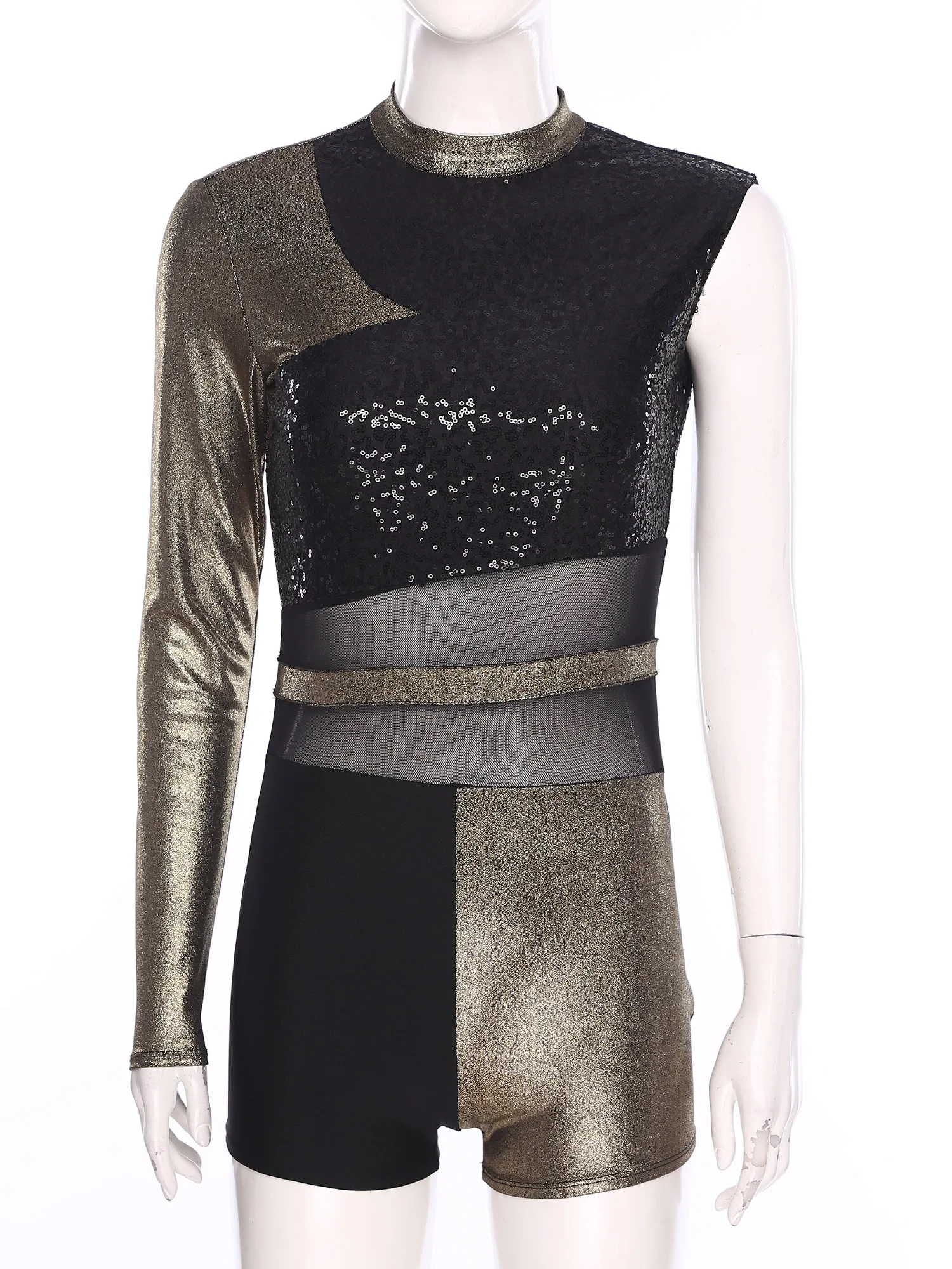 女性ラテンダンスレオタードジャズボディスーツボーイショーツワンショルダースパンコールメタリック光沢のあるタンゴチャチャバレエ社交ダンス衣装