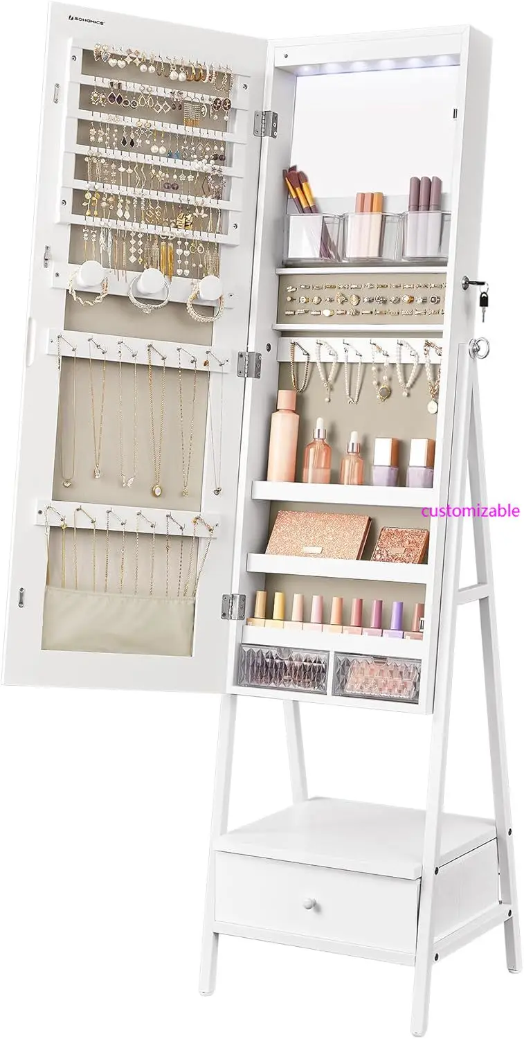 

Standing LED Mirror Jewelry Cabinet with Lockable Storage and Full-Length Mirror for Space-Saving Organization UJJC025W01