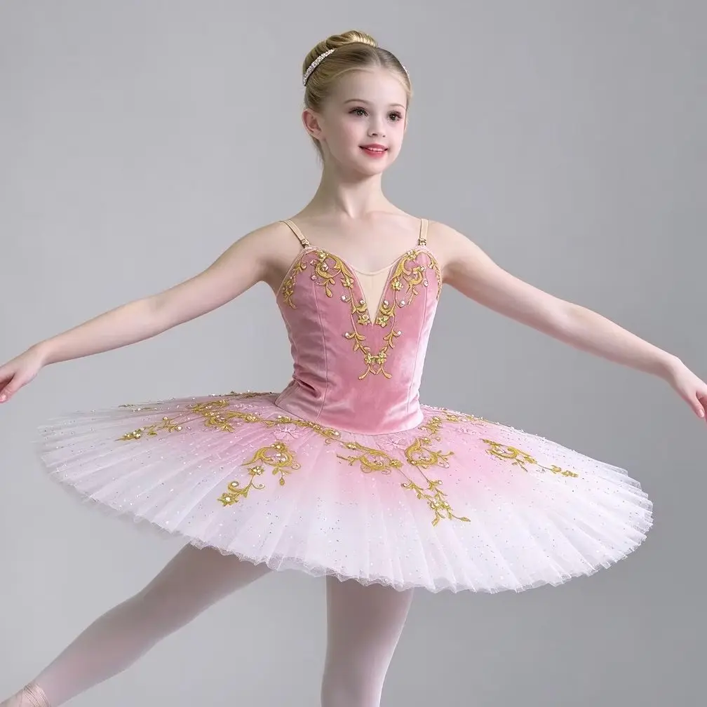 Girls Pink Velvet Gold Embroidery Ballet Tutu Dress Rhinestone Hard Tulle Skirt Kids Professional Stage Competition Dancewear
