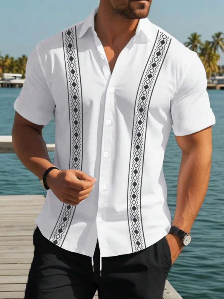Summer 3D Striped Retro Printed Men's Shirts Casual Men's Short-Sleeved Shirts Outdoor Vacation Beach Shirts Seaside T-Shirt